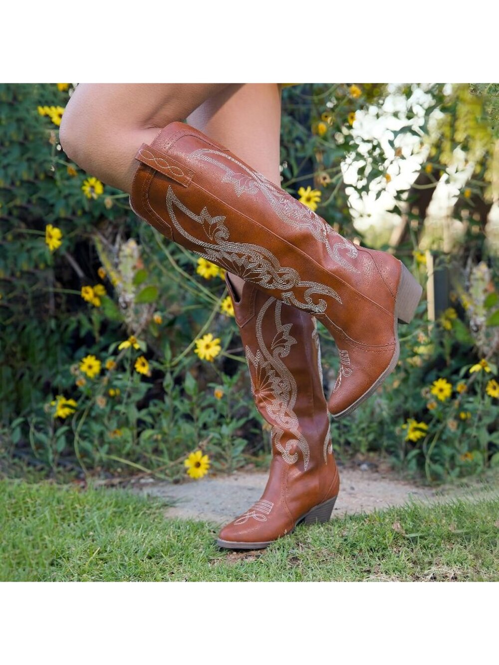 Women's Brown Pointed Toe Block Heel Classic Embroidered Western Knee High Boot - Picture 2 of 5